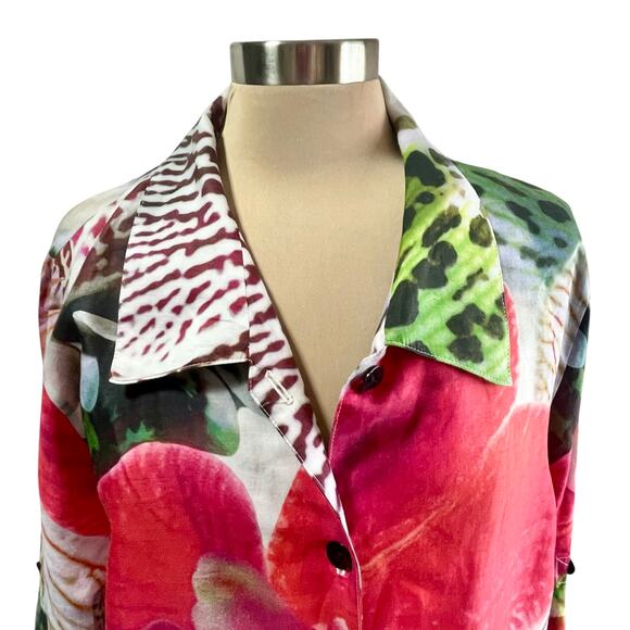 Caroline Rose Raime Bold Foral Button Down Top Size XL Lagenloook Artsy Roll Tab - Picture 2 of 8